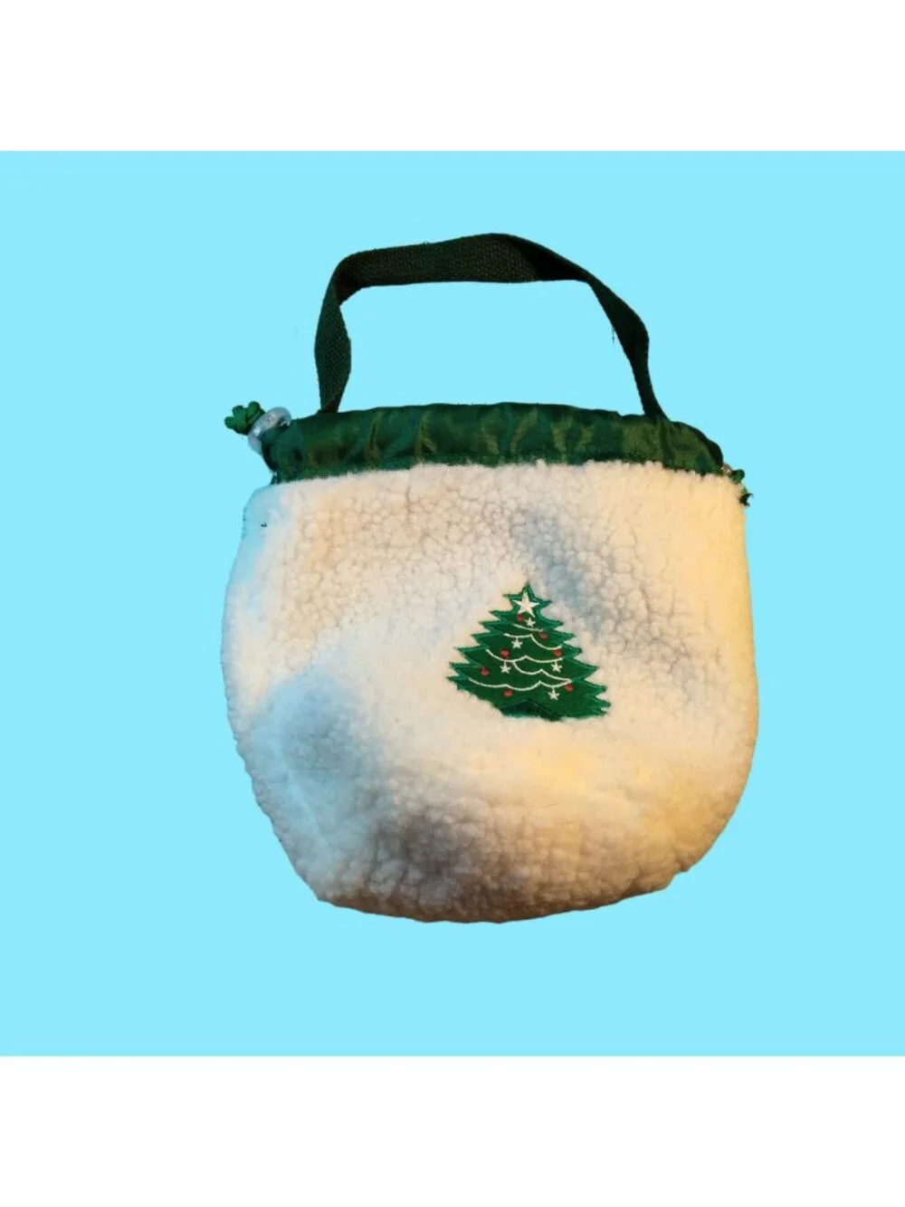 Sherpa Drawstring Tote Bag Christmas Tree Embroidered Fleece Sack Lined